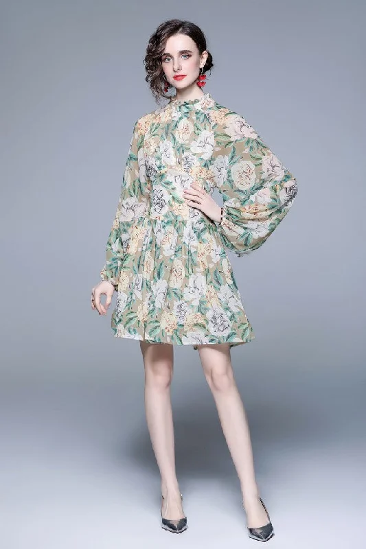 Flexible Stretch Long Sleeves DressPale green & Floral print Day A-line Long Sleeve Jewel Above Knee Dress