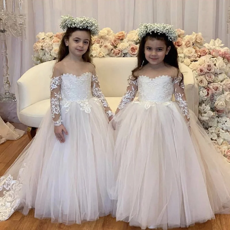 Fancy Long Sleeves Satin Slip DressPopular A-line Long Sleeves Lace Cute Flower Girl Dresses FG155