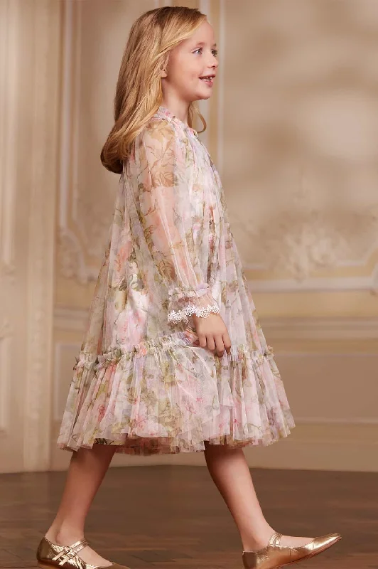 Flowery Print Long Sleeves DressRose Powder Long Sleeve Kids Dress