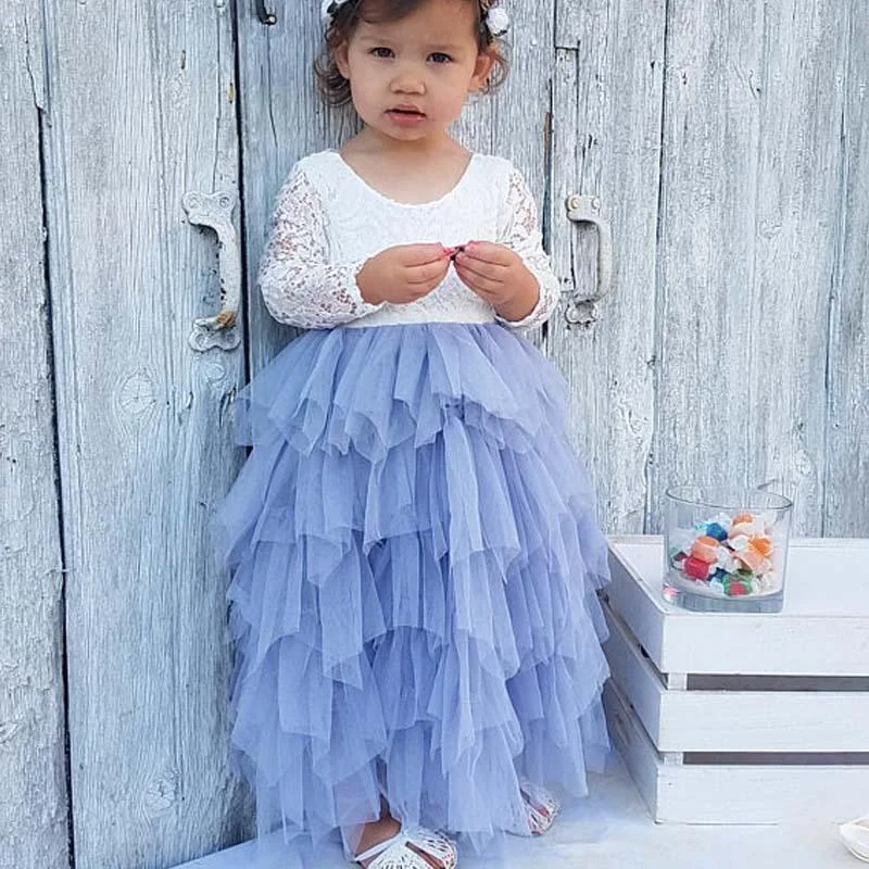 Flowery Long Sleeves Smock DressScoop Long Sleeve Lace Top V-back Tulle Flower Girl Dresses, Popular Little Girl Dresses, FG070