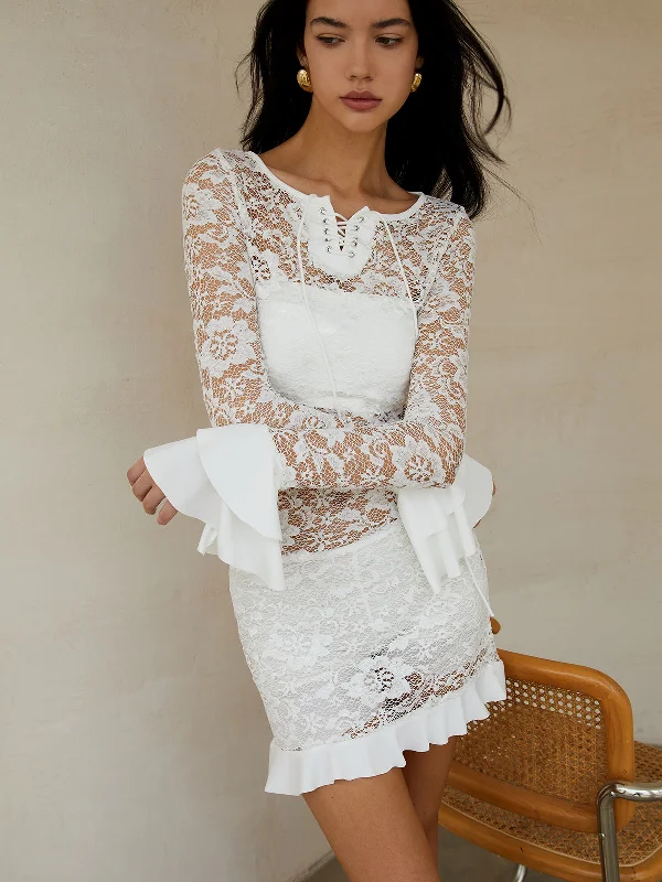 Formal Bridal Long Sleeves DressSheer Long Sleeve Lace Short Dress