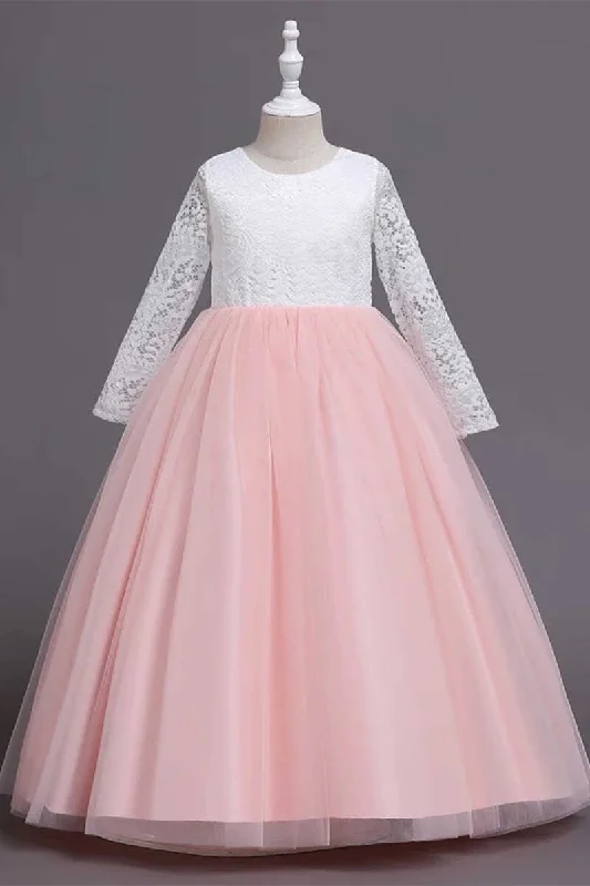 Fuzzy Long Sleeves DressWhite and Pink Lace Long Sleeve A-Line Flower Girl Dress