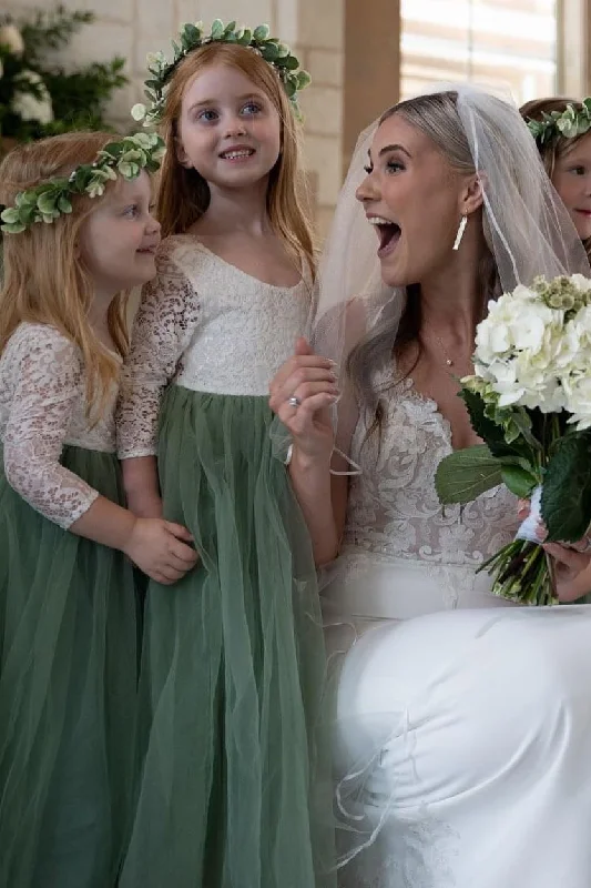 Fun Long Sleeves DressWhite & Green Lace Long Sleeve Backless Flower Girl Dress