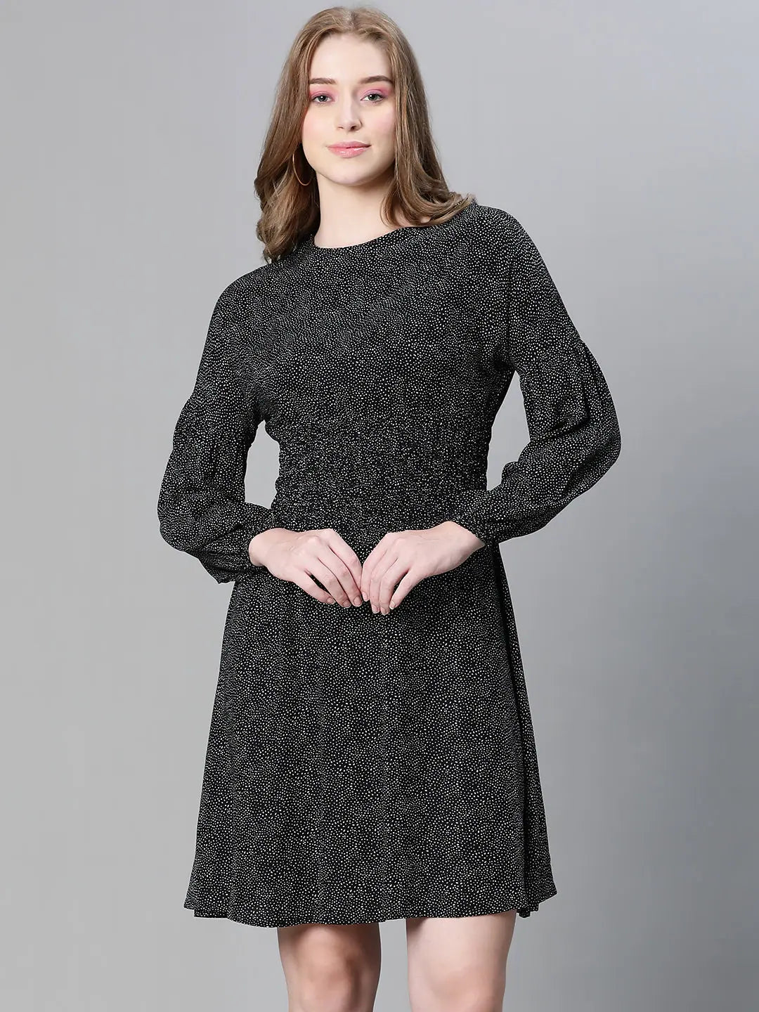 Flirty Lace Long Sleeves DressWomen black floral print round neck smocked long sleeve flared dress