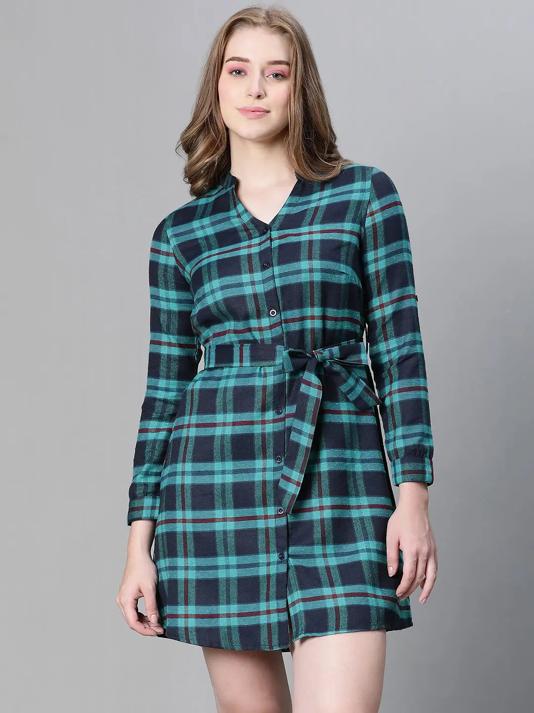 Fabulous Silk Long Sleeves DressWomen blue brush check v-neck long sleeve belted button down cotton dress