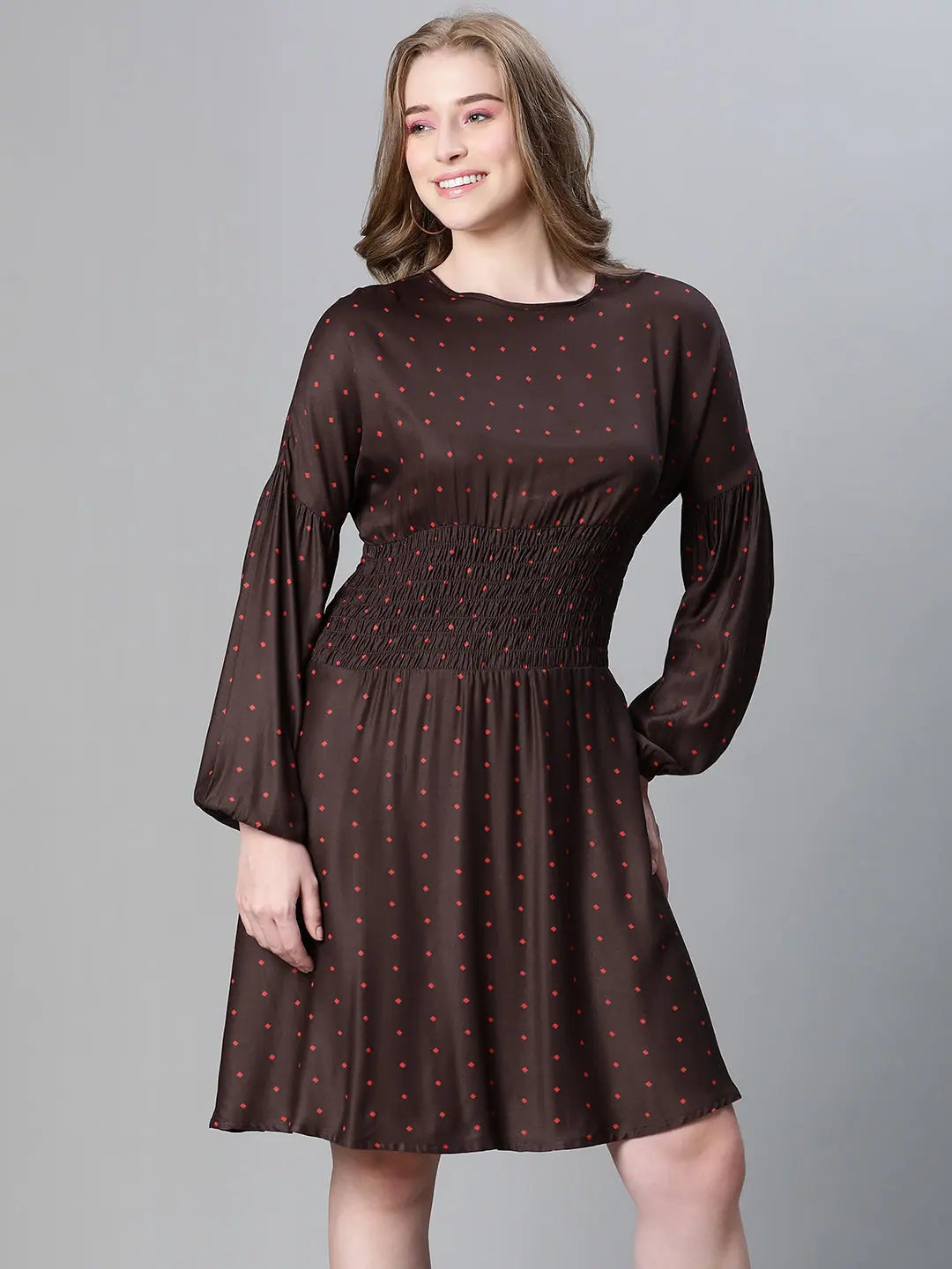 Fashionable Long Sleeves Cocktail DressWomen brown polka dot print round neck smocked long sleeve flared dress