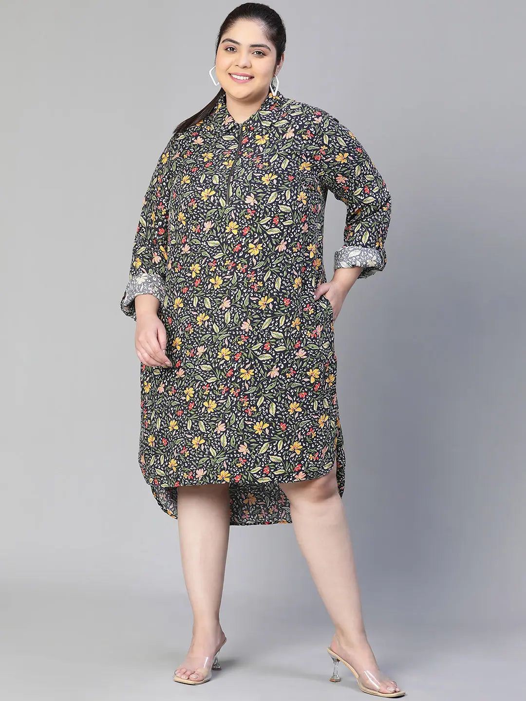 Funky Print Long Sleeves DressWomen floral print collared & zipped long sleeve plus size high -low dress