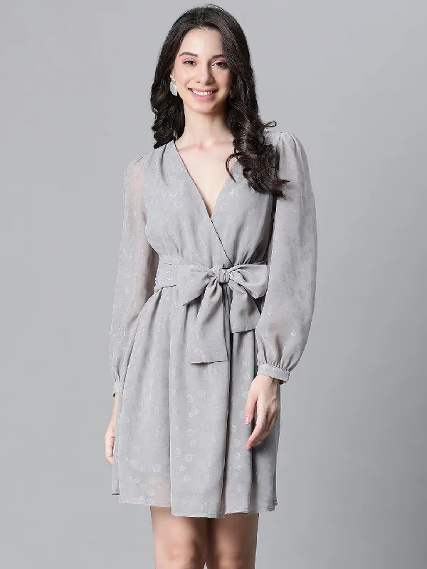 Fuzzy Long Sleeves Mother of the Bride DressWomen Grey Dobby V- Neck Tie-Knot Belted Long Sleeve Dress-W23113WDR004