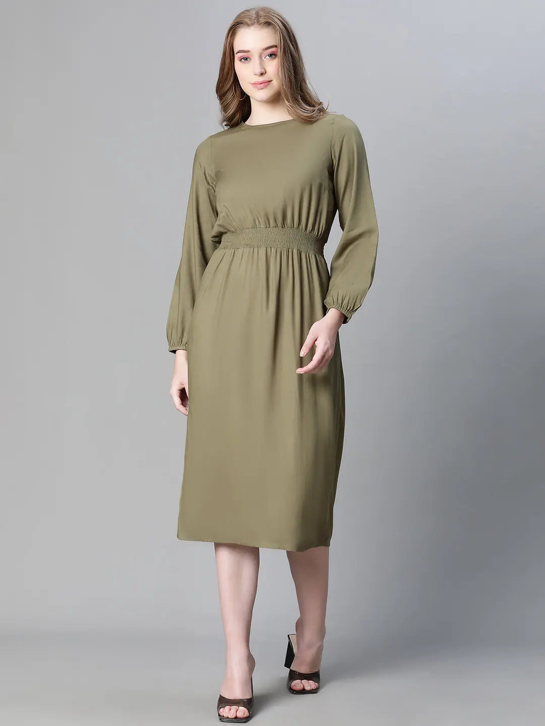 Flowery Silk Long Sleeves DressWomen khaki round neck elsaticated long sleeve dress