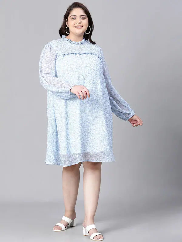 Fitted Lace Long Sleeves DressWomen Plus Size Blue Floral Print Smocked Round Neck Long Sleeve Dress