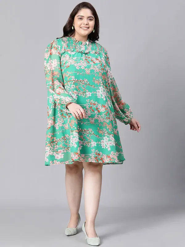 Formal Bridal Long Sleeves DressWomen Plus Size Green Floral Print Smocked Round Neck Long Sleeve Dress