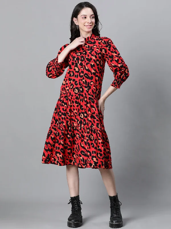 Funky Long Sleeves Maxi DressWomen Red Animal Print Round Neck Long Sleeve Cotton Dress-W23228WDR001