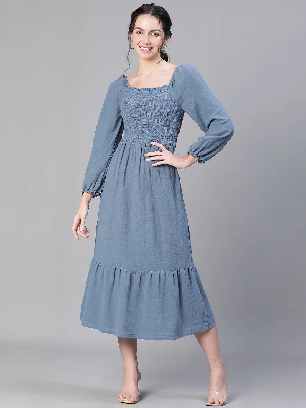 Flexible Long Sleeves Bridesmaid DressWomen Round Neck Long Sleeve Blue  Flared Long Cotton Dress-S23315WDR002