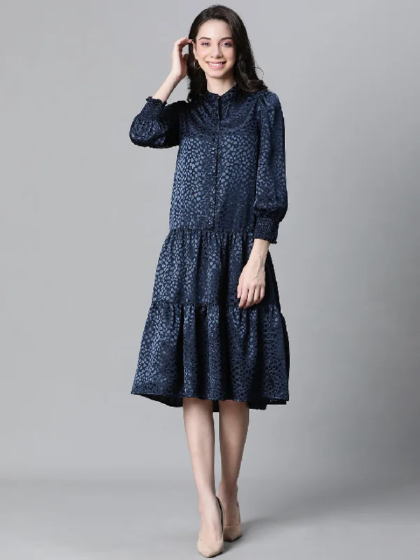 Formal Long Sleeves Cocktail GownWomen Soild Blue Round Neck Long Sleeve Casual Dress-W23228WDR005