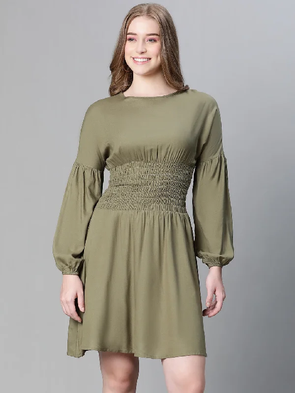 Full-Length Long Sleeves Formal GownWomen Soild Khaki Round Neck Smocked Long Sleeve Flared Dress-W23254WDR003